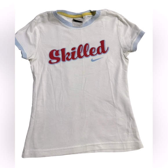 Nike Baby Tee Medium White Blue Y2K Retro Graphic Streetwear Cropped Graphic - Picture 1 of 4